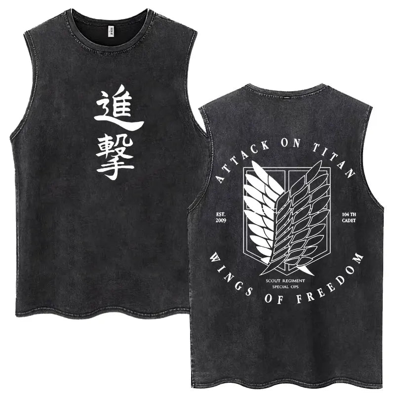 2026 Attack on Titan Wings of Freedom Acid Wash Tank Top, Survey Corps Emblem Anime Print, Oversized Cotton Streetwear Tee