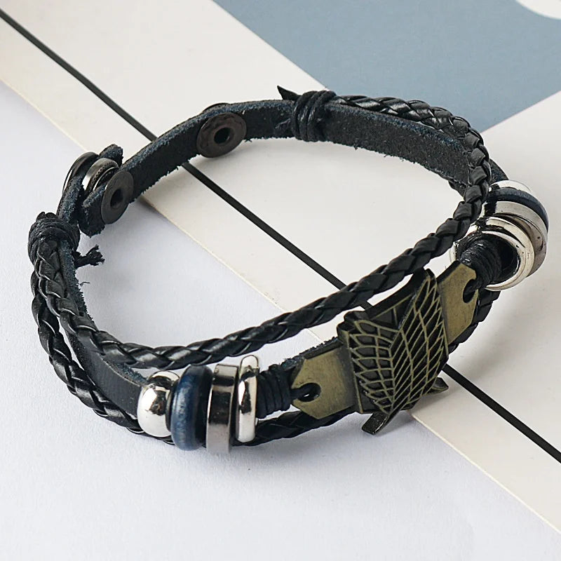 Anime Cartoon Action Attack On Titan - Investigation Corps Logo Bracelet - Leather Weaving Handpiece Boys Birthday Gift