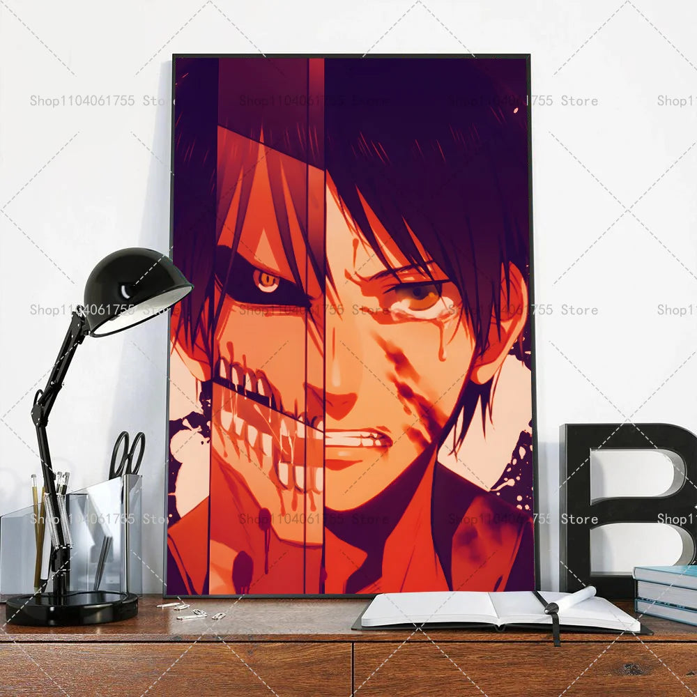 1PC Anime Attack On Titan Eren Jeager Poster Self-adhesive Art Waterproof Paper Sticker Coffee House Bar Room Wall Decor