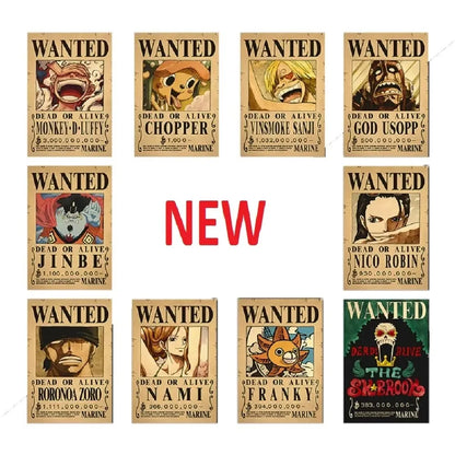 One Pieces 9-13Pcs Set Wanted Vintage Paper Posters Anime Luffy Bedroom Hotel Coffee House Bar Room Wall Deco Posters Toys Gifts