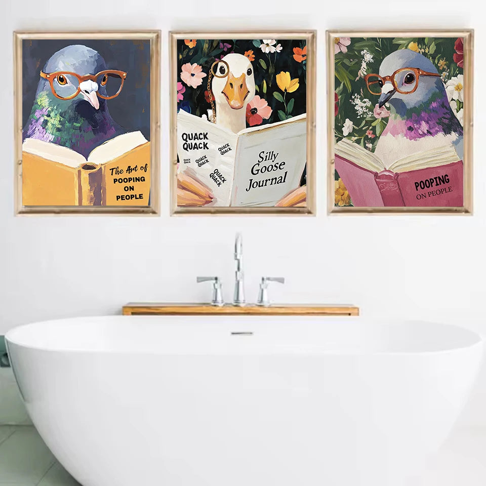 Humorous Pigeon Reading Book Pooping on People Bathroom Funny Animals Poster Canvas Painting Wall Art Pictures Home Toilet Decor