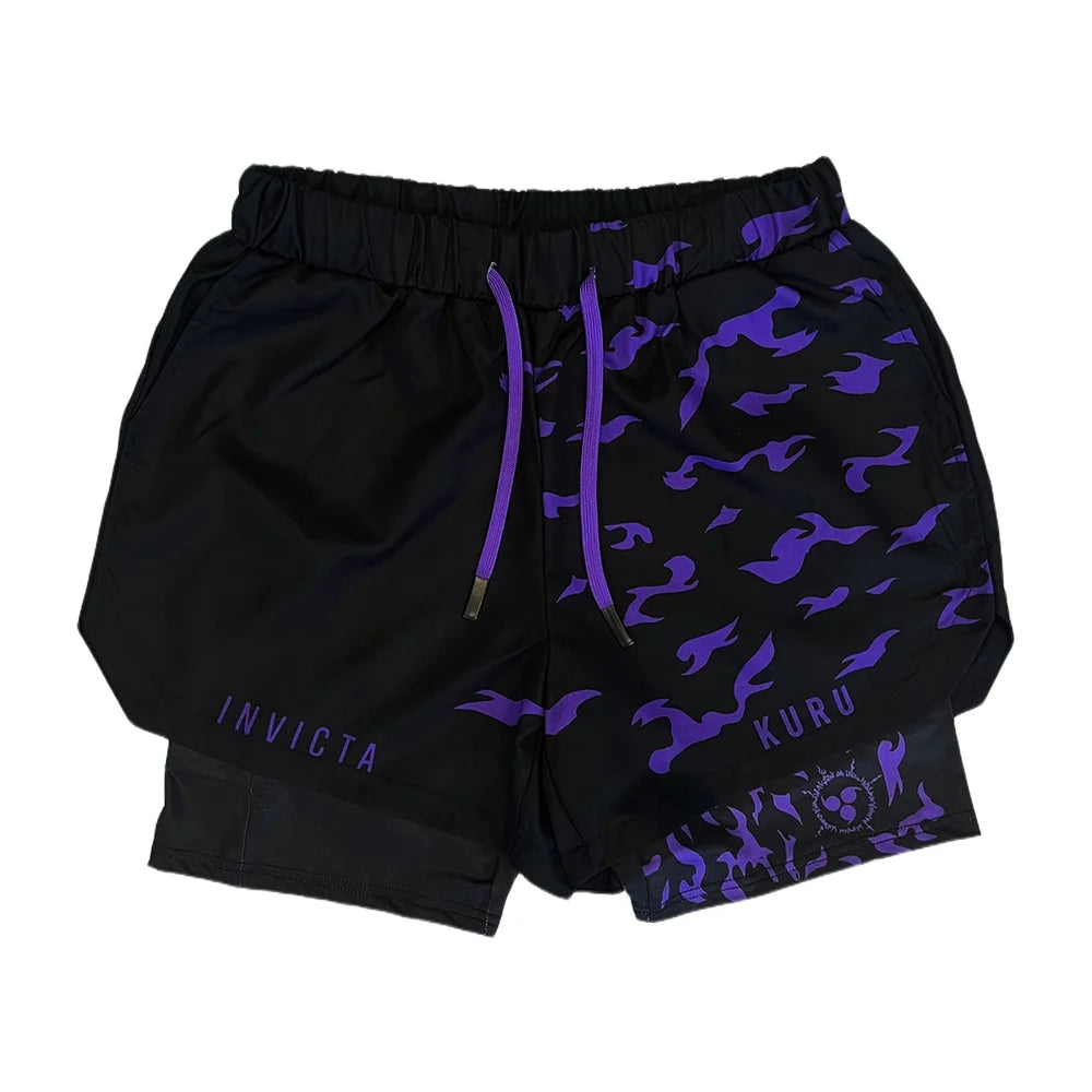 Anime Madara Uchiha Six Paths 2-in-1 Compression Shorts Summer Quick Drying Sport Shorts with Six Tomoe Print Breathable Shorts