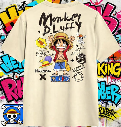 Summer 2026 One Piece Munchie D. Luffy "Hand-painted Graffiti Style" Trend Theme 100% Cotton Print T-shirt Adult Parent Top