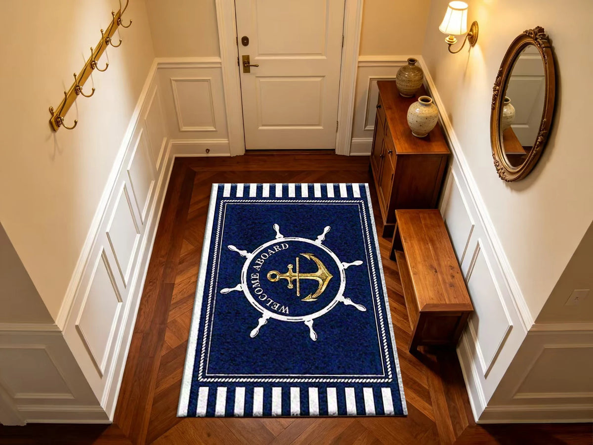 Nautical Anchor Ship Wheel Area Rug Non‑Slip Welcome Floor Mat Home Entrance Living Room Decor