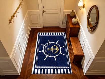 Nautical Anchor Ship Wheel Area Rug Non‑Slip Welcome Floor Mat Home Entrance Living Room Decor