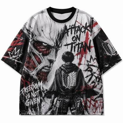 Attack On Titan Giant Titan Survey Corps Graffiti Mesh T Shirt For Men Women Fans Loose Breathable Street Hip Hop Casual Short S