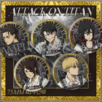 Attack on Titan 75mm Double Flash PET Matte Laminated Badge Mikasa Levi Ackerman Anime Merchandise Action Figure Collectible