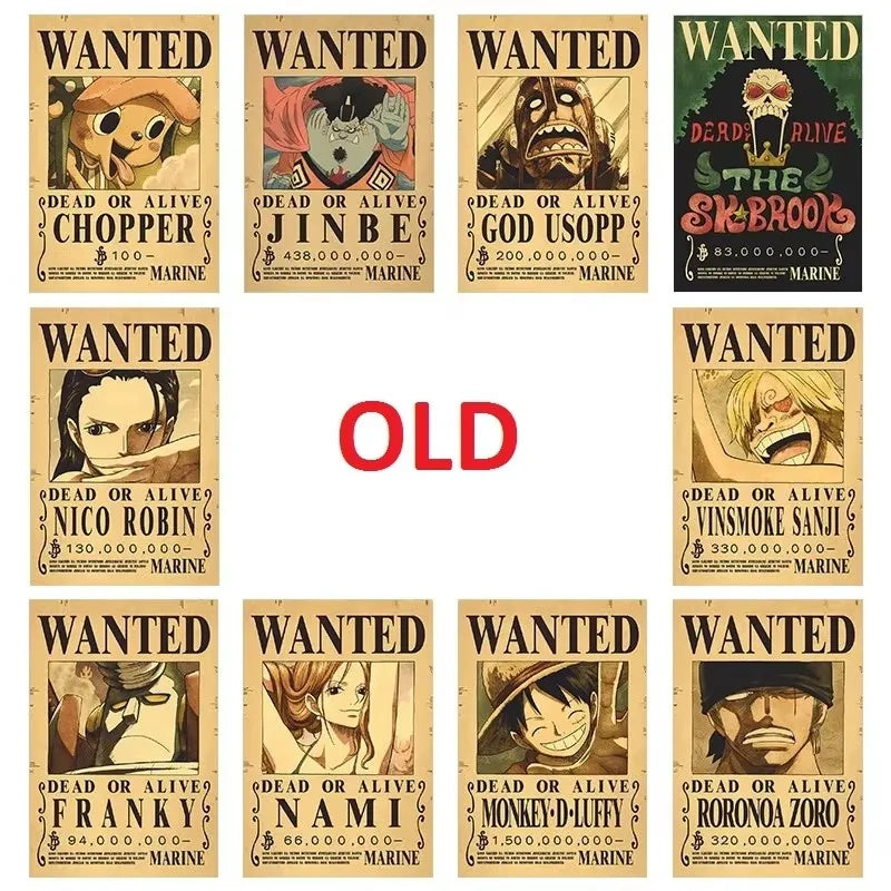 One Pieces 9-13Pcs Set Wanted Vintage Paper Posters Anime Luffy Bedroom Hotel Coffee House Bar Room Wall Deco Posters Toys Gifts