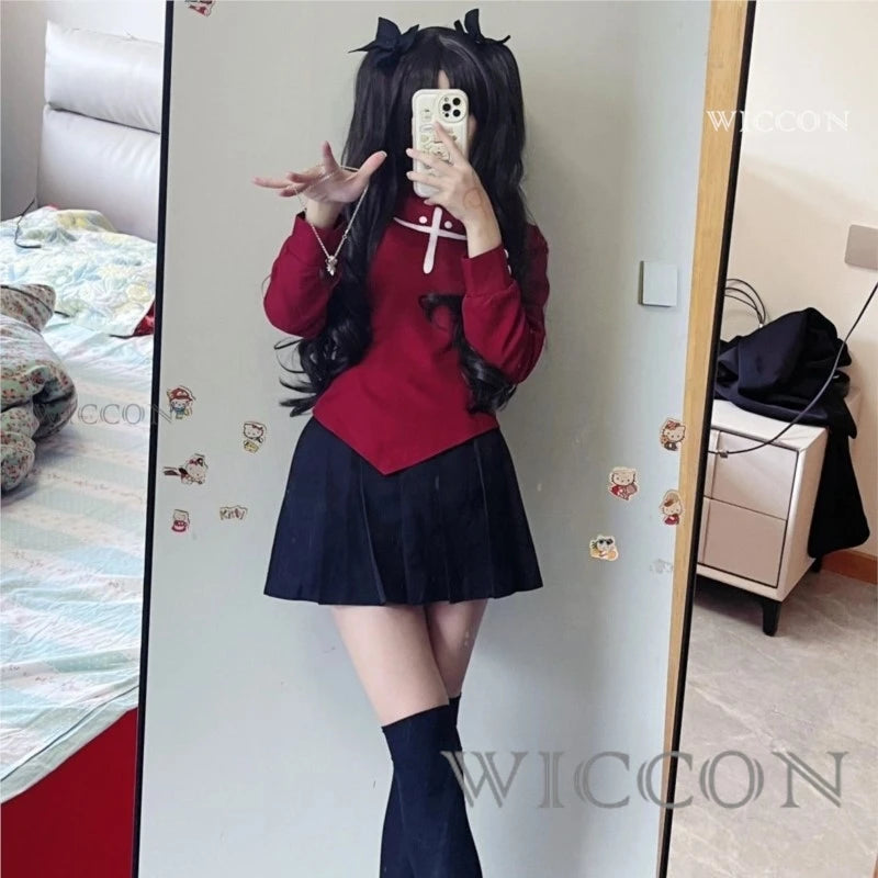 Fate Stay Night Tohsaka Rin Cosplay Costume Long Wig Red Black Skirt
