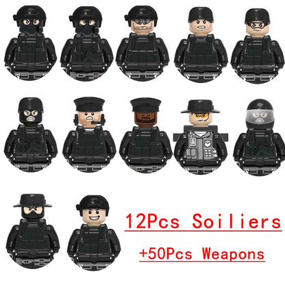 Military Special Forces SWAT Gangster Jeeps Off-Road Vehicle Assault Boat Model Soldier Weapons Building Block Toy For Children