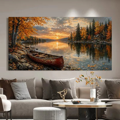 Red Canoe on An Autumn Lake Landscape Poster and Prints Canvas Painting Wall Art Pictures Home Decor Cuadros
