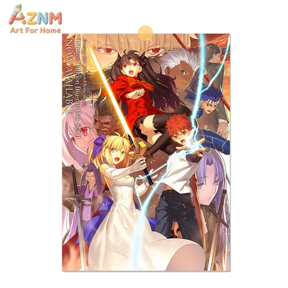 AZNM Fate Stay Night Canvas Wall Art, Unlimited Blade Works Saber Rin Tohsaka Shirou Emiya Anime Poster, Frameless Canvas Print,