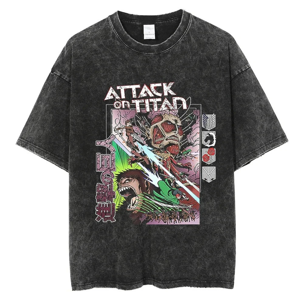 Attack on Titan Mikasa Ackerman Vintage Rock Band-style Wash Print T Shirt Men 2026 Summer Black Oversized Tee Anime Streetwear