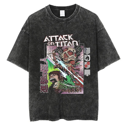 Attack on Titan Mikasa Ackerman Vintage Rock Band-style Wash Print T Shirt Men 2026 Summer Black Oversized Tee Anime Streetwear