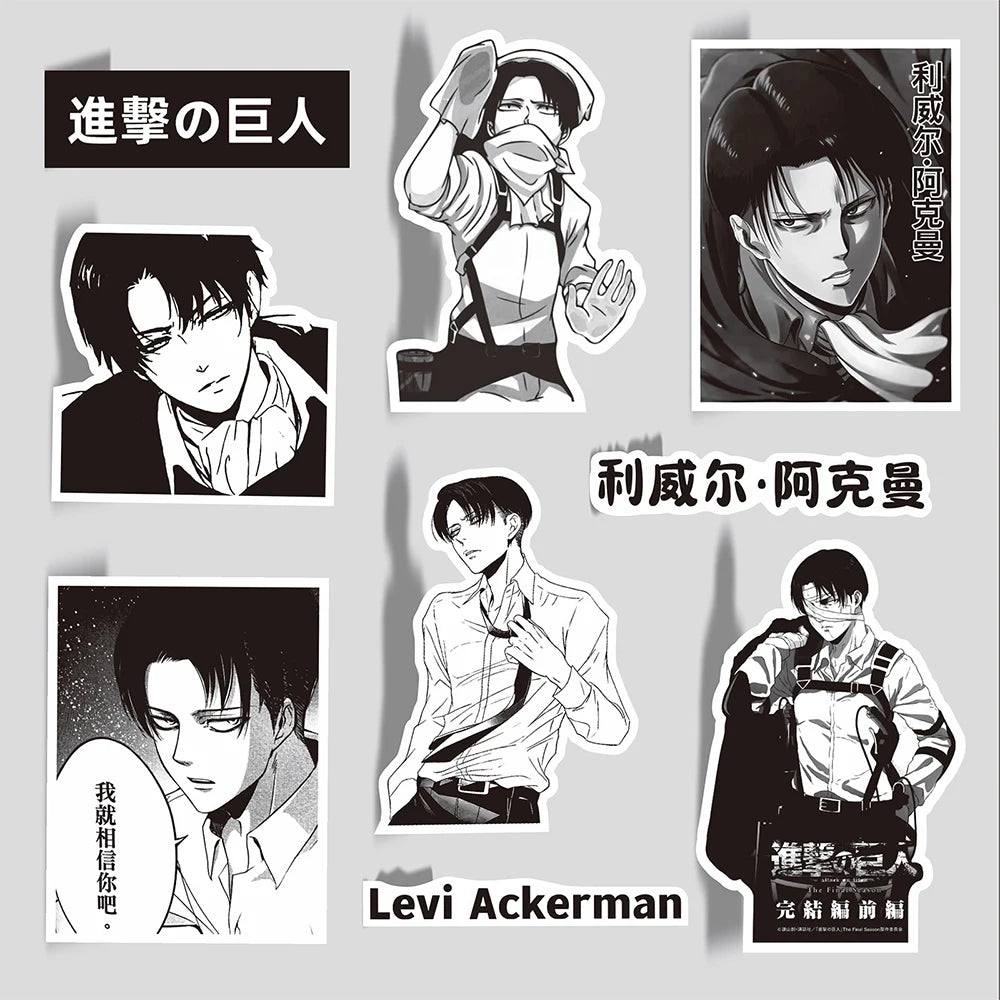 10/30/65pcs Levi Ackerman Attack On Titan Cartoon Stickers Black White Anime Decals for Motorcycle Phone Laptop Cool Sticker Toy