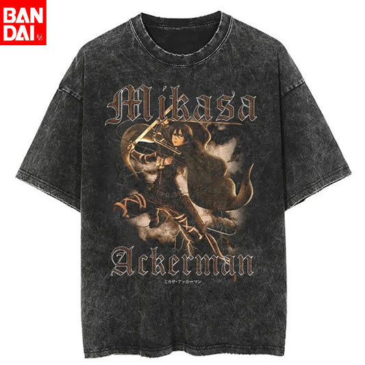 Attack on Titan Mikasa Ackerman Vintage Rock Band-style Wash Print T Shirt Men 2026 Summer Black Oversized Tee Anime Streetwear