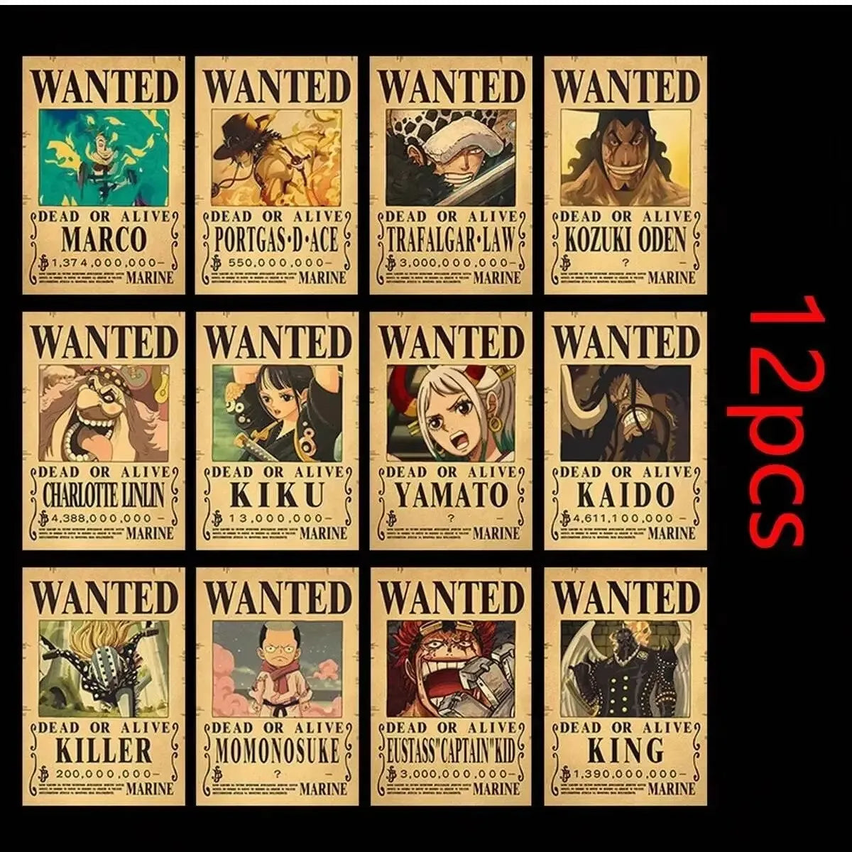 One Pieces 9-13Pcs Set Wanted Vintage Paper Posters Anime Luffy Bedroom Hotel Coffee House Bar Room Wall Deco Posters Toys Gifts