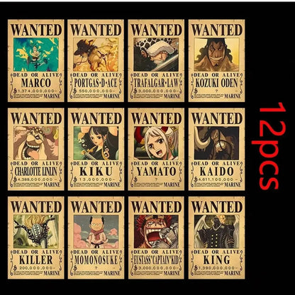 One Pieces 9-13Pcs Set Wanted Vintage Paper Posters Anime Luffy Bedroom Hotel Coffee House Bar Room Wall Deco Posters Toys Gifts