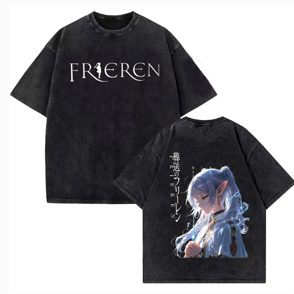 2026 Japanese Anime Frieren Beyond Journey's End T Shirt Vintage Washed T-Shirt Men's Clothing Short Sleeve Cotton Tee Tops
