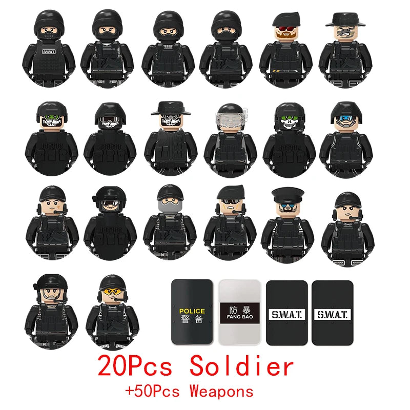 Military Special Forces SWAT Gangster Jeeps Off-Road Vehicle Assault Boat Model Soldier Weapons Building Block Toy For Children