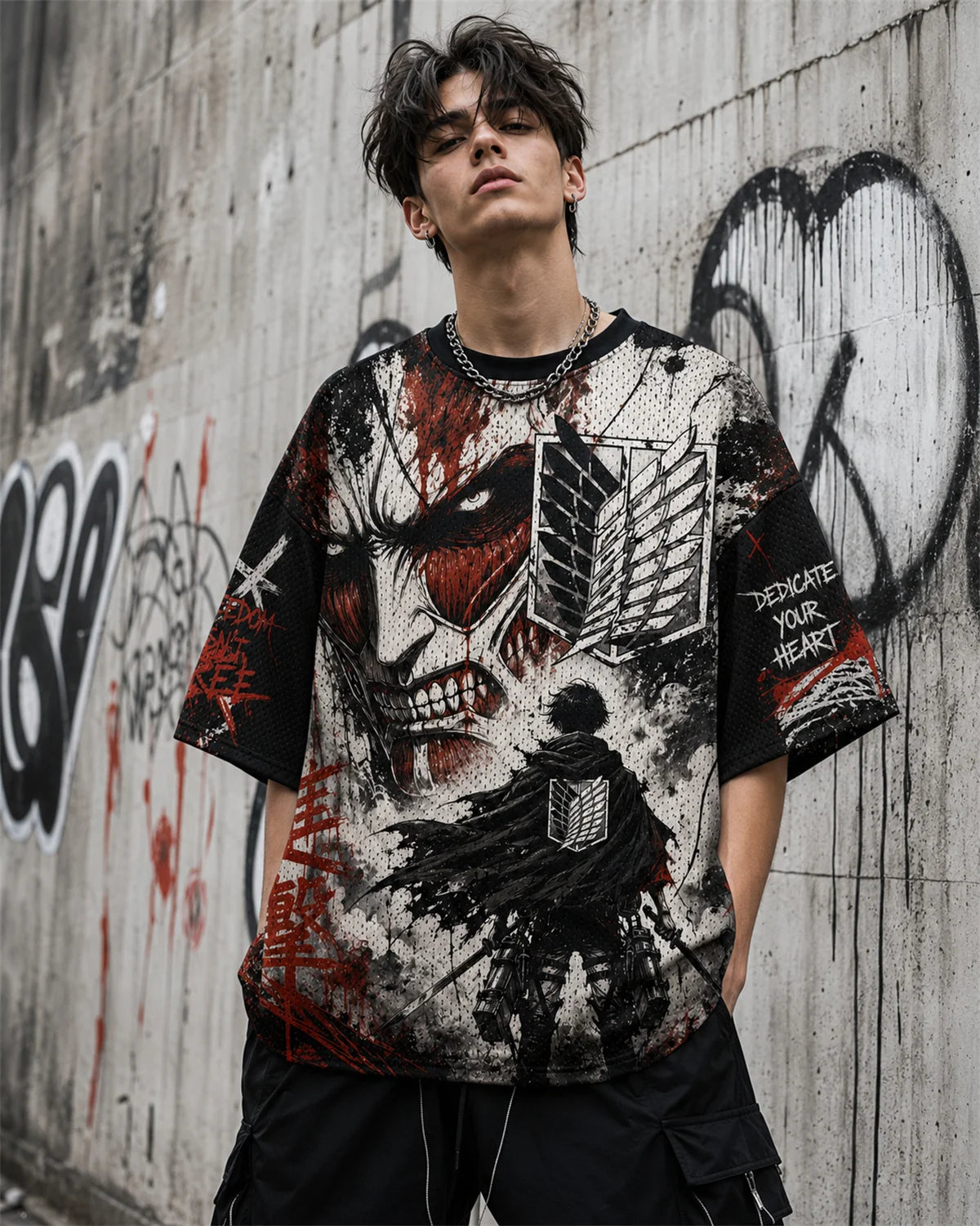 Attack On Titan Giant Titan Survey Corps Graffiti Mesh T Shirt For Men Women Fans Loose Breathable Street Hip Hop Casual Short S
