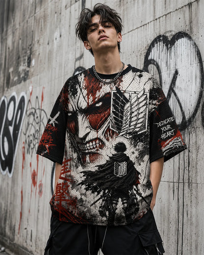 Attack On Titan Giant Titan Survey Corps Graffiti Mesh T Shirt For Men Women Fans Loose Breathable Street Hip Hop Casual Short S