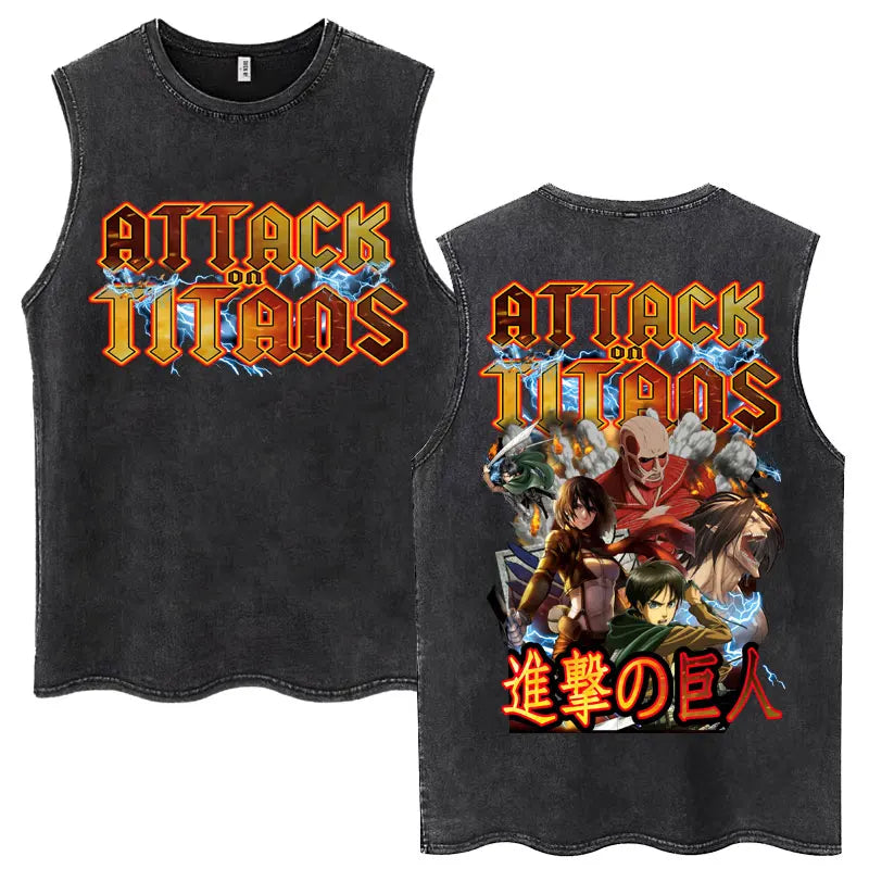 Anime Attack on Titan Eren Jaeger Graphic Vintage Washed Tank Tops Y2k Summer  Loose water washed vest for both men and women