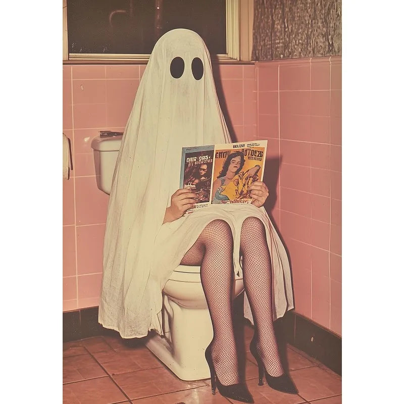 Funny Weird Bathroom Alien on The Toilet Ghost Reading Newspaper Aesthetic Poster Canvas Painting Wall Pictures Home Decor