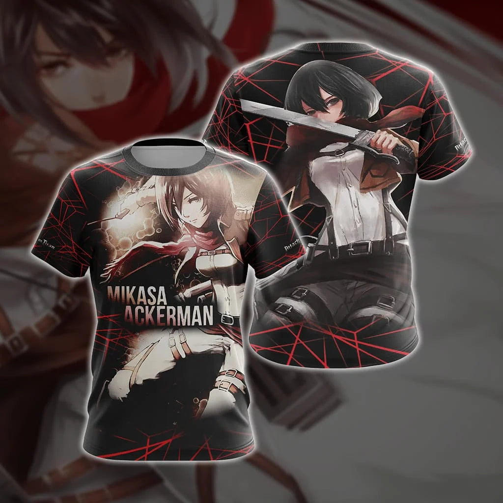 2026 New Attack on Titan Mikasa Ackerman Red 3D Digital Print Short-Sleeve T-Shirt, Trendy Crew Neck, Sports & Casual Unisex Top