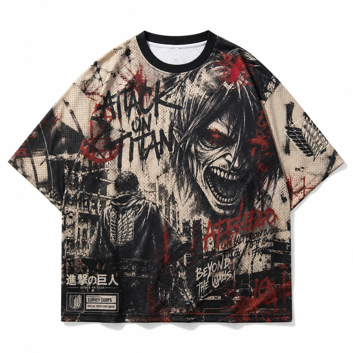 Attack On Titan Giant Titan Survey Corps Graffiti Mesh T Shirt For Men Women Fans Loose Breathable Street Hip Hop Casual Short S