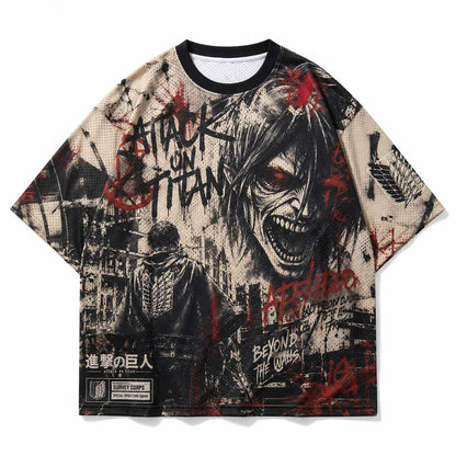 Attack On Titan Giant Titan Survey Corps Graffiti Mesh T Shirt For Men Women Fans Loose Breathable Street Hip Hop Casual Short S