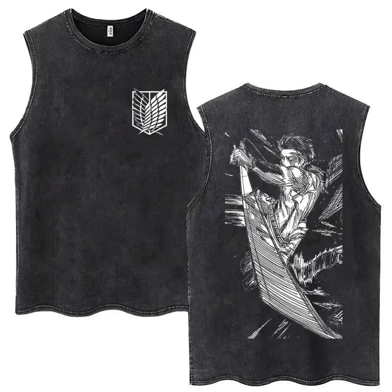 Anime Attack on Titan Eren Jaeger Graphic Vintage Washed Tank Tops Y2k Summer  Loose water washed vest for both men and women