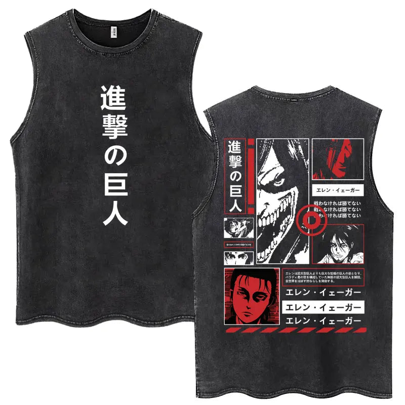 Anime Attack on Titan Eren Jaeger Graphic Vintage Washed Tank Tops Y2k Summer  Loose water washed vest for both men and women