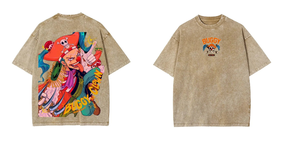Vintage Washed ONE PIECE Buggy The Clown T-shirt Old Loose Animation Print Street Style Short Sleeve Summer Men's Women's Tops