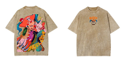 Vintage Washed ONE PIECE Buggy The Clown T-shirt Old Loose Animation Print Street Style Short Sleeve Summer Men's Women's Tops