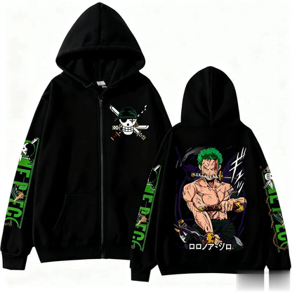 2026 One Piece Zoro Anime Print Zip Up Hooded Jacket Men Women Long Sleeve Casual Hip Hop Streetwear Pullover Spring Autumn Tops