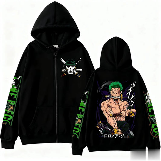 2026 One Piece Zoro Anime Print Zip Up Hooded Jacket Men Women Long Sleeve Casual Hip Hop Streetwear Pullover Spring Autumn Tops