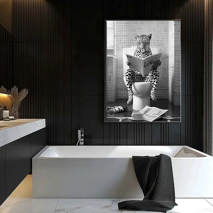 Black and White Lion Cow Sitting on Toilet Reading Newspaper Poster Modern Bathroom Wall Art Picture Canvas Print Home Decor