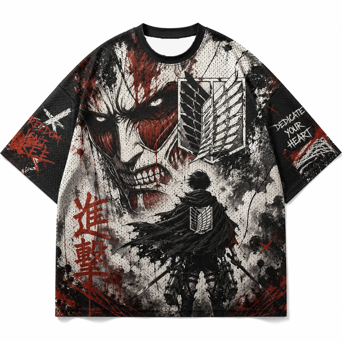 Attack On Titan Giant Titan Survey Corps Graffiti Mesh T Shirt For Men Women Fans Loose Breathable Street Hip Hop Casual Short S