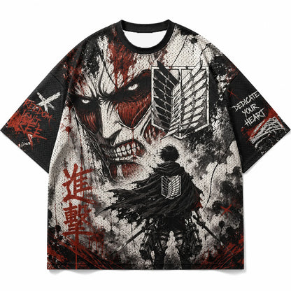 Attack On Titan Giant Titan Survey Corps Graffiti Mesh T Shirt For Men Women Fans Loose Breathable Street Hip Hop Casual Short S