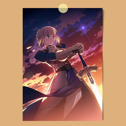 AZNM Fate Stay Night Canvas Wall Art, Unlimited Blade Works Saber Rin Tohsaka Shirou Emiya Anime Poster, Frameless Canvas Print,