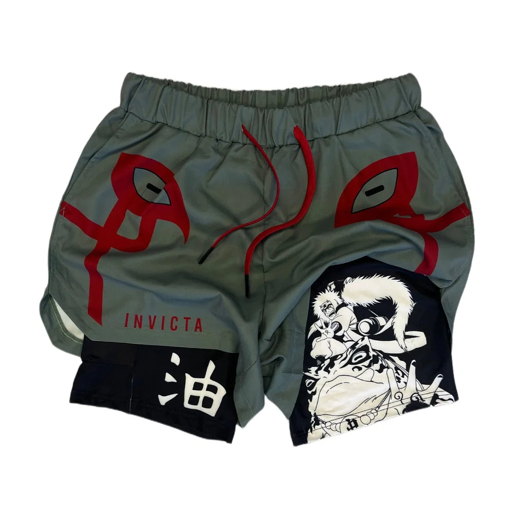 Anime Madara Uchiha Six Paths 2-in-1 Compression Shorts Summer Quick Drying Sport Shorts with Six Tomoe Print Breathable Shorts