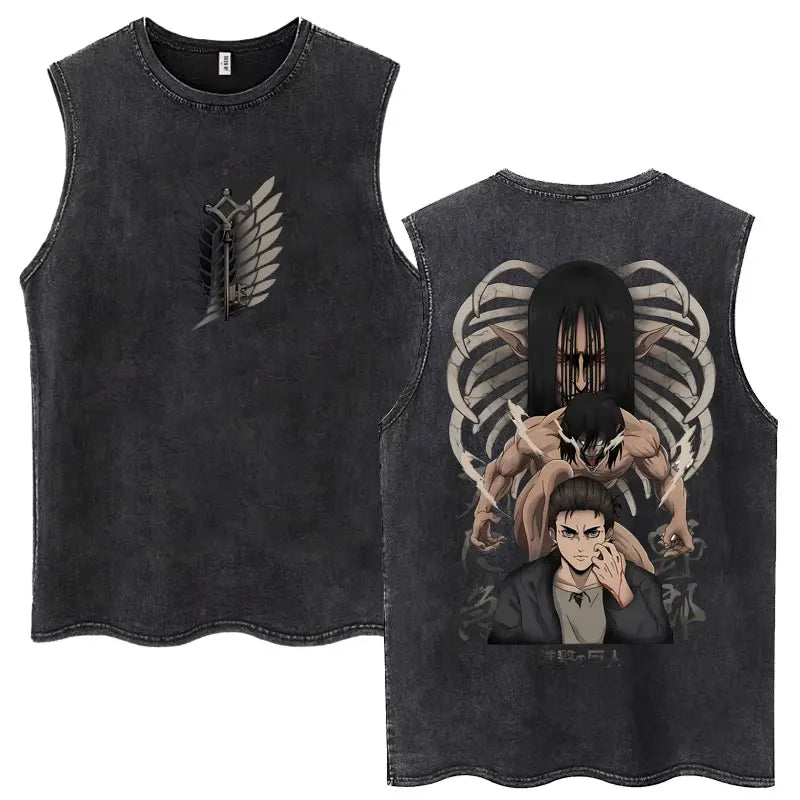 Anime Attack on Titan Eren Jaeger Graphic Vintage Washed Tank Tops Y2k Summer  Loose water washed vest for both men and women