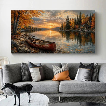 Red Canoe on An Autumn Lake Landscape Poster and Prints Canvas Painting Wall Art Pictures Home Decor Cuadros