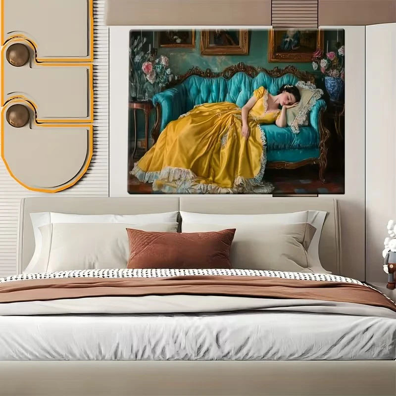 Classical Woman in Yellow Dress Reclines on Green Sofa Poster Prints Canvas Painting Wall Art Picture for Living Room Home Decor
