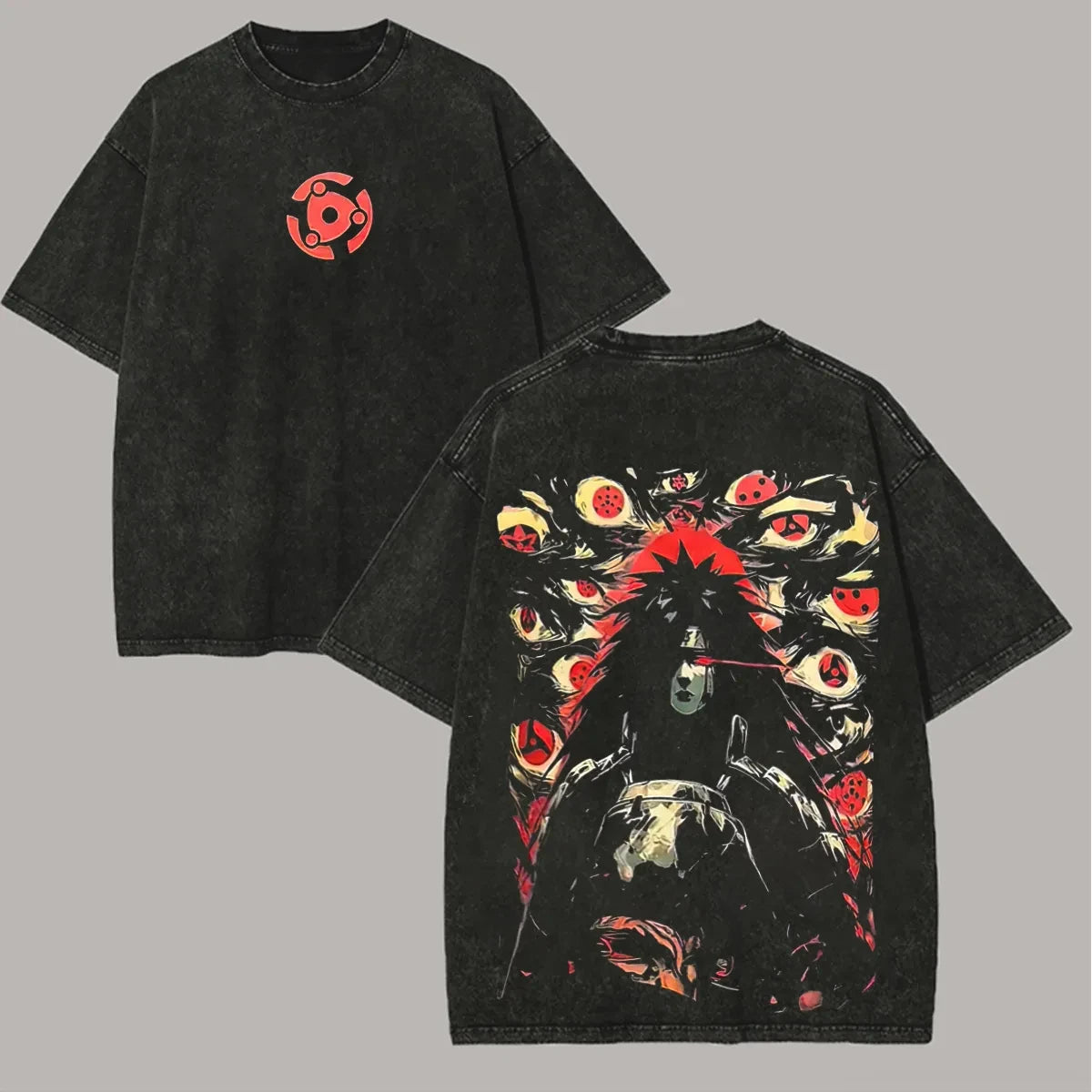 Madara T Shirt Naruto Sharingan Eyes Vintage Acid Wash Streetwear Oversized Retro Anime Graphic Men Tees Cotton Top Clothing
