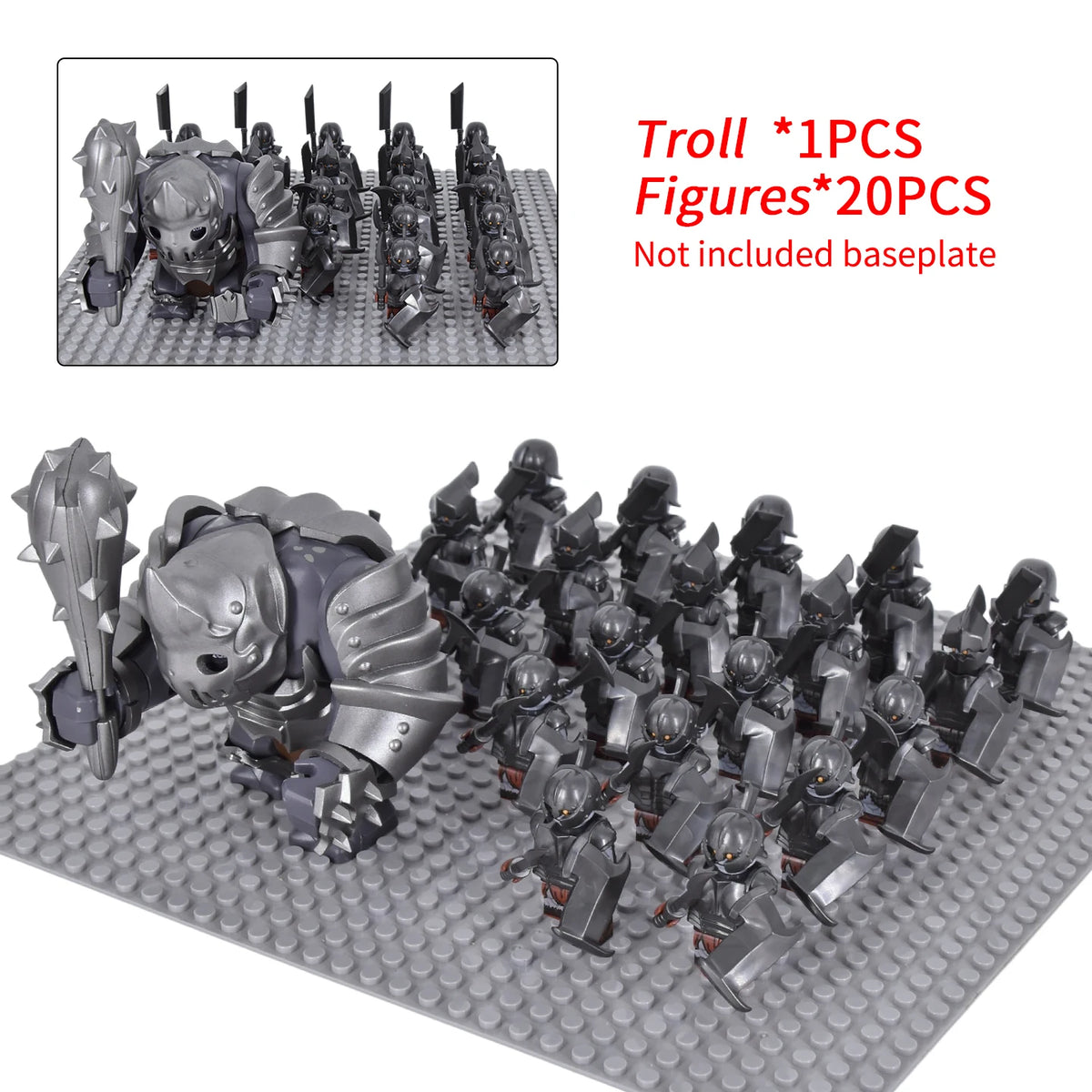 Giant Troll Monster 20Pcs Armored Orc Infantry Figures Medieval Army Building Bricks, Removable Shield Scene Collectible Toy﻿﻿