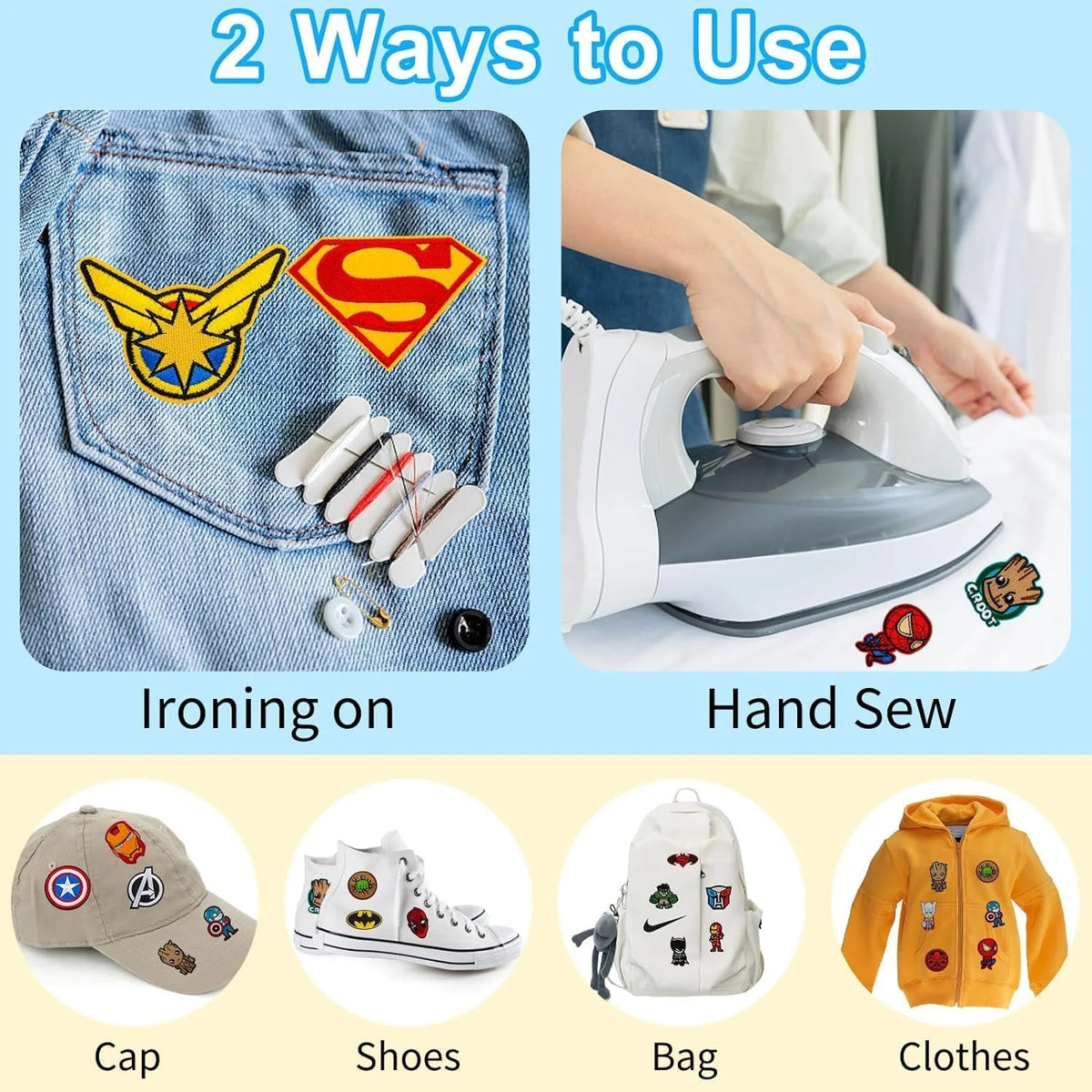19Pcs Supes Iron On Patches Cartoon Avengers Embroidered Patch DIY Sew‑on Badge Applique For Clothing Jacket Backpack Hat Decor