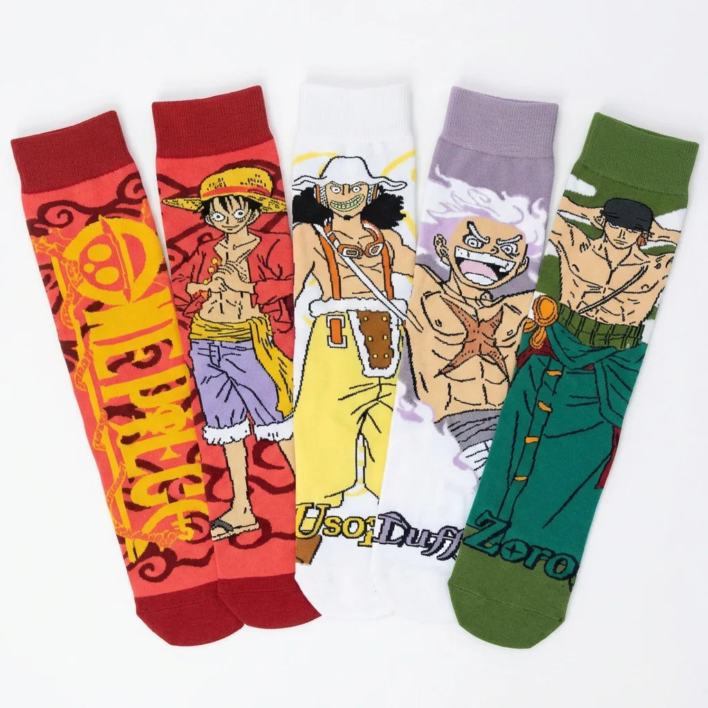 Unisex One Piece Anime Crew Socks Luffy Zoro Gear 5 Cotton Cartoon Streetwear Hosiery for Fans