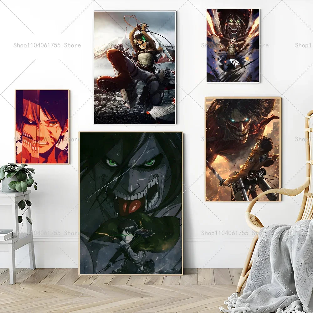 1PC Anime Attack On Titan Eren Jeager Poster Self-adhesive Art Waterproof Paper Sticker Coffee House Bar Room Wall Decor